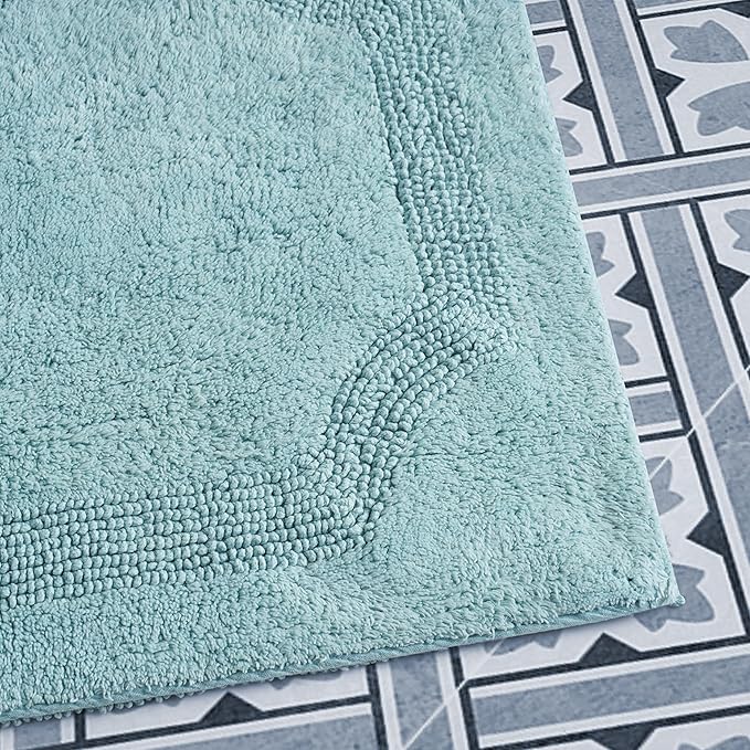 Laura Ashley - Reversible Cotton Bath Mat, Premium Bathroom Décor, Machine Washable Bathroom Rug, Highly Absorbent, 17"x24"/20"x32" 2-Piece Set, Aqua