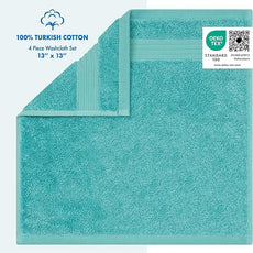 Cotton Paradise 100% Cotton Turkish Washcloth Set for Bathroom, 4 Piece Soft Absorbent Small Hand Face Towels Wash Rags, Turquoise