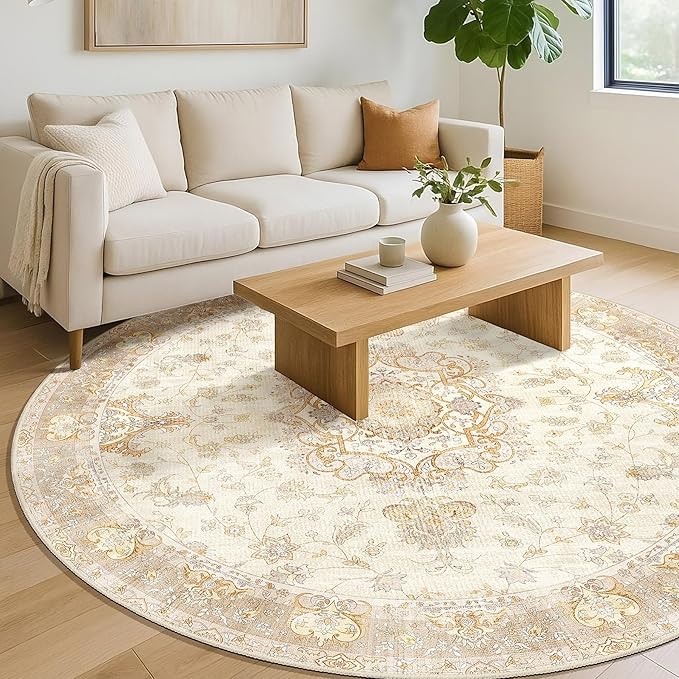 Beige Round Rug 6ft,Large Circle Area Rugs for Living Room Bedroom Dining Room,Washable Boho Vintage Bohemian Distressed Oriental Floral Carpet Non Slip,Retro Gold Floral