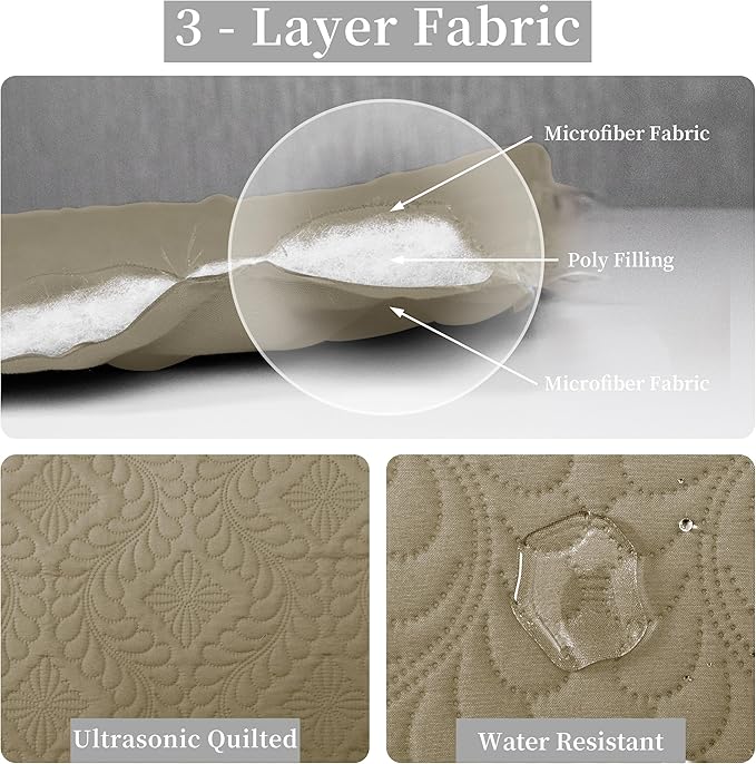 Easy-Going King Size Reversible Quilt Set with 1 Quilt and 2 Pillow Shams, Soft Bed Quilt Cover, Water Resistant Lightweight Microfiber Bedspread, Stain Resistant, Olive Leaf-Beige/Beige