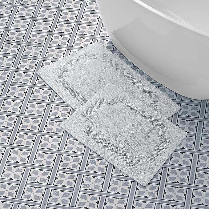 Laura Ashley - Reversible Cotton Bath Mat, Premium Bathroom Décor, Machine Washable Bathroom Rug, Highly Absorbent, 17"x24"/20"x32" 2-Piece Set, Light Grey