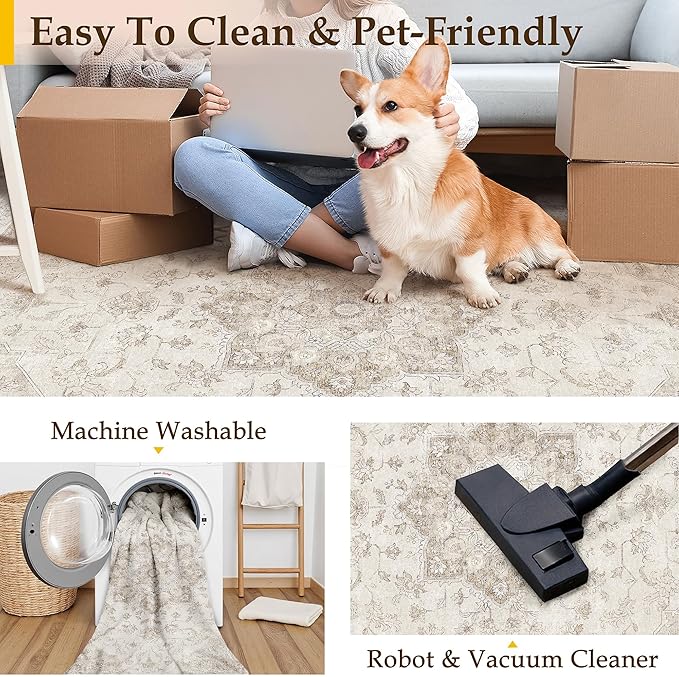 Beige Area Rug 7x9 Washable Living Room Carpet Vintage Non Slip Soft Bedroom Indoor Office Retro Low Pile Thin Oriental Medallion Large Rug for Dining Room Playroom