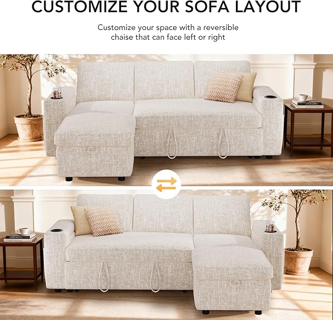 Sunny Heart L-Shaped Sleeper Sofa with Pull Out Bed, 82" Sectional Couch with Reclining Backrest, Reversible Storage Chaise, Armrest Storage, Cup Holders, Side Pockets, Tool-Free Assembly, Beige