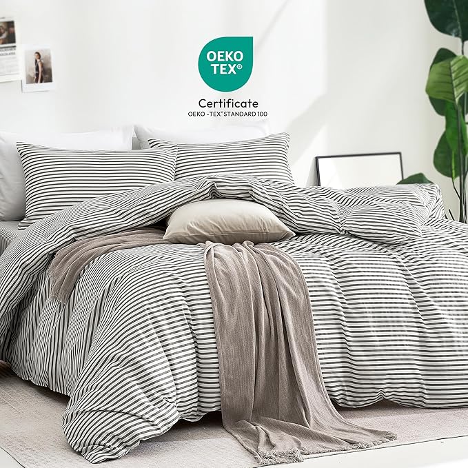 JELLYMONI Duvet Cover, 100% Natural Cotton, Printed Comforter Cover with Zipper Closure and Corner Ties (Super King Plus 120×120 Inch, White Duvet Cover Set with Grey Stripes Pattern)