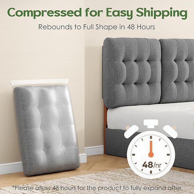 Tufted Upholstered Full Headboard, Adjustable Height Full Size Headboard Only from 39”to 44” with Durable Solid Wood Legs, Modern Button Diamond Fabric Head Board with Width Adapters, Grey