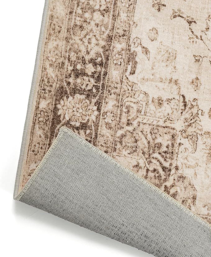 Brown 5x7 Area Rug Washable Vintage Living Room Carpet Non Slip Retro Distressed Low Pile Soft Oriental Medallion Thin Throw Rug for Kitchen Bathroom Office Bedroom Dining Room