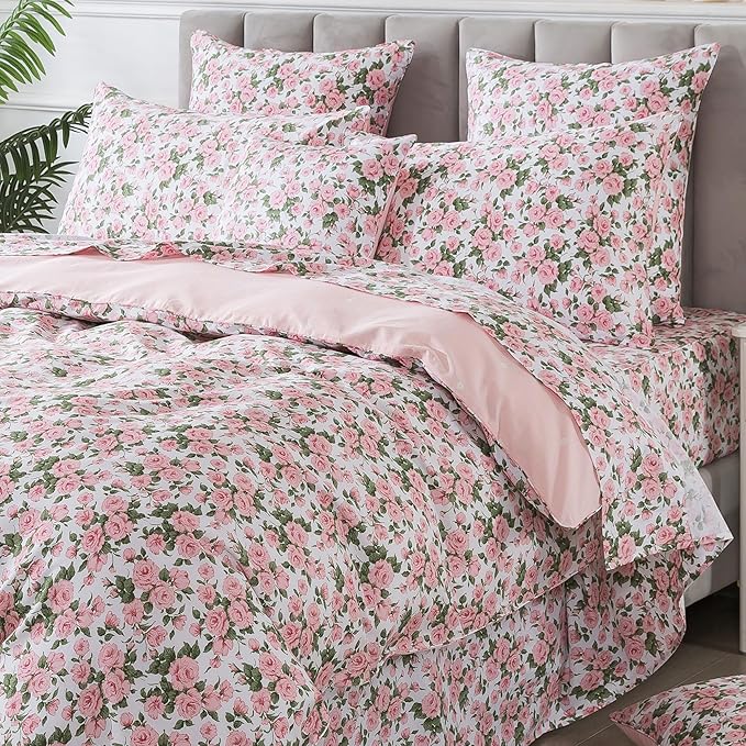 FADFAY Duvet Cover Set Queen Pink Rose Floral Bedding Vintage Peony Flower Quilt Cover Set Shabby Farmhouse Bedding 100% Cotton Ultra Soft Comforter Cover with Hidden Zipper Closure 3Pcs, Queen Size
