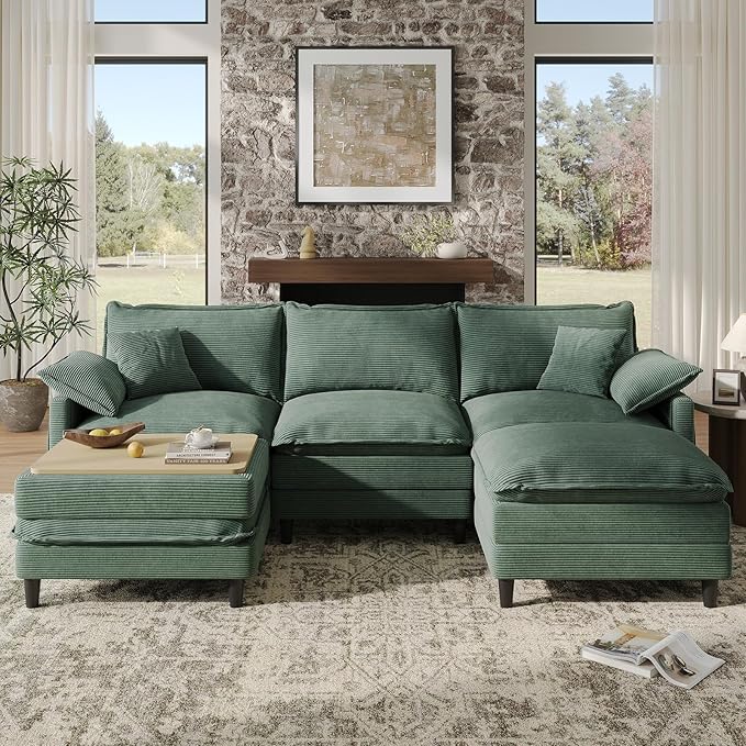 108" U Shaped Modular Sectional Cloud Couch with Two Ottoman, Snap-on Easy Installation 5-Piece Deep Seat Sofas with Storage Bag and Coffee Table for Living Room, Corduroy, Green