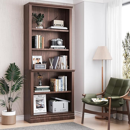 72 in Tall Bookcase, Dark Cherry 31.3 in Wide Floor Standing Bookshelf, 5 Tier Large Floor Standing Display Storage Shelves with Adjustable Shelves for Living Room Hallway Home Office Bedroom