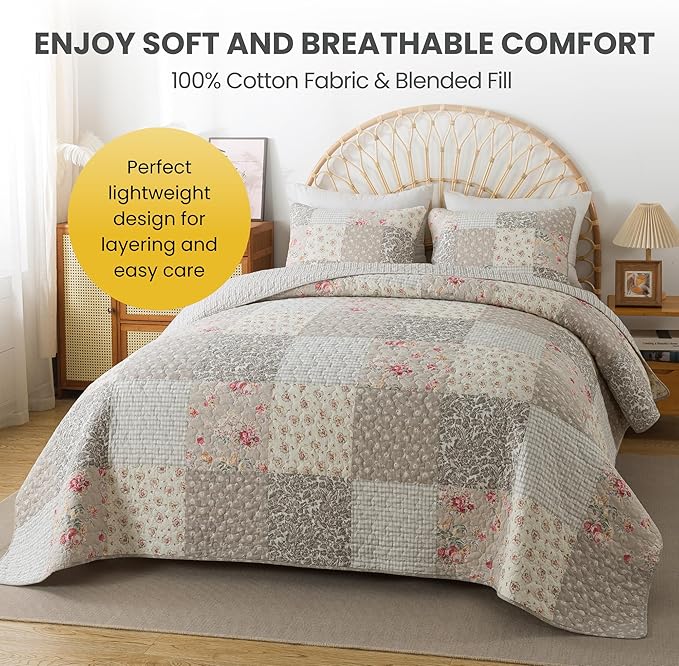 SLPR Walk in The Cotswolds Patchwork Cotton Pieced Quilt Set - Queen Size with 2 Shams, Neutral Floral & Cream Cottage Quilted Bedspread, French Country Farmhouse Bedding for All Seasons