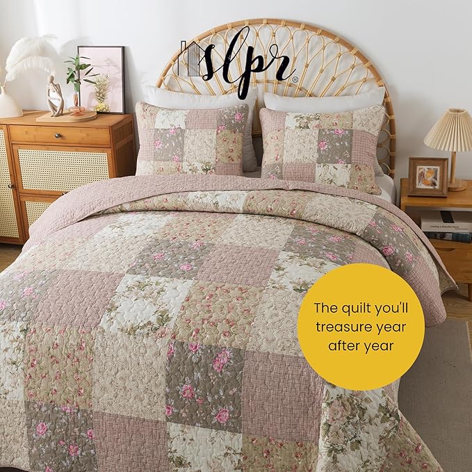 SLPR Secret Garden Patchwork Cotton Pieced Quilt Set - Queen with 2 Shams, Country Shabby Chic Bedding with Flower Pattern, Pink Floral Farmhouse Quilted Bedspread for All Seasons