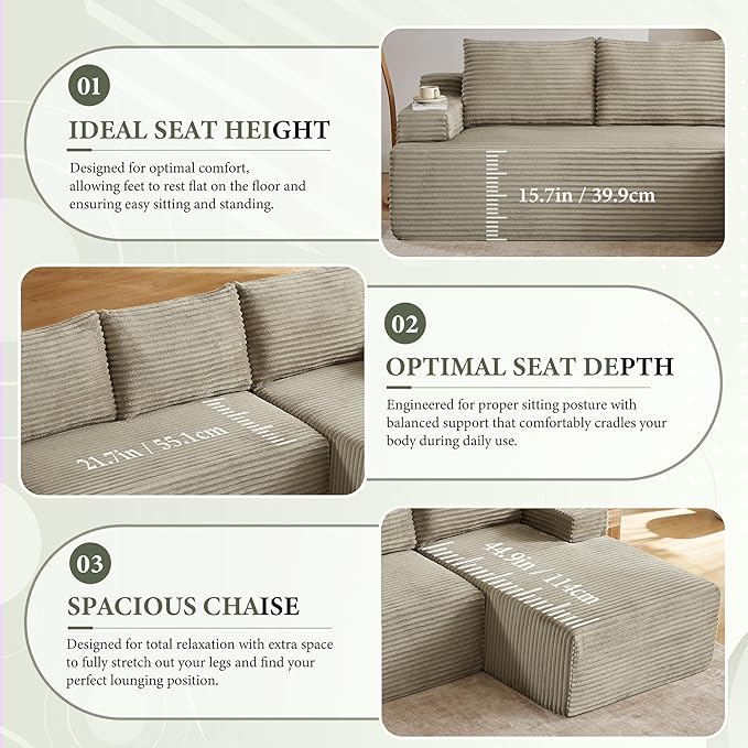 96''Sectional Couches for Living Room Modern Modular Sectional Sofa Upholstered Boneless Couch Comfy Cloud Couch with Chaise (Camel, 96''W Right Facing Chaise)