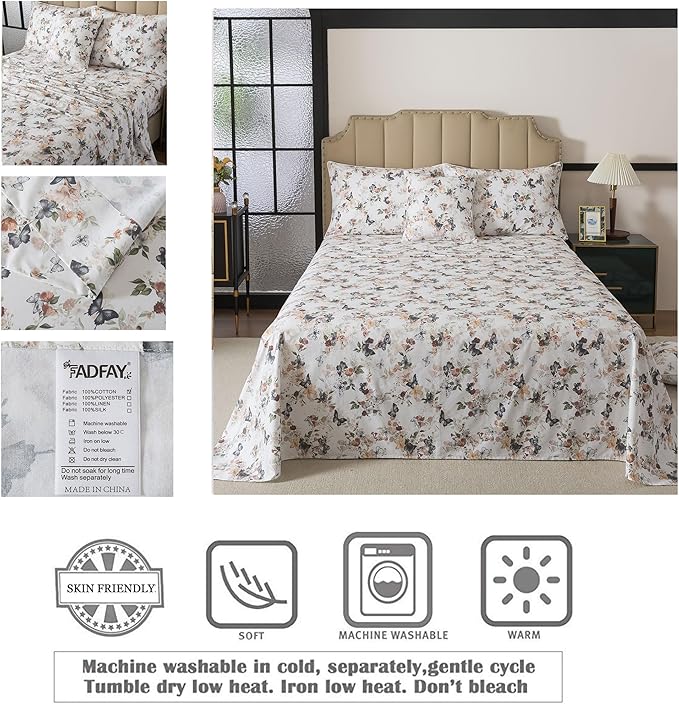 FADFAY Butterfly Sheets Set Queen Watercolor Floral Bed Sheets Set Vintage Botanical Bedding Shabby Rustic Leaves Bedding Collections 100% Percale Cotton Breathable Soft Deep Pocket 4Pcs, Queen Size