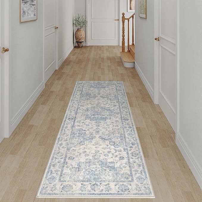 2x6 Washable Neutral Runner Rug Blue Vintage Hallway Kitchen Carpet Non-Slip Soft Low Pile Floral Throw Rug for Bedroom Bathroom Laundry Living Room