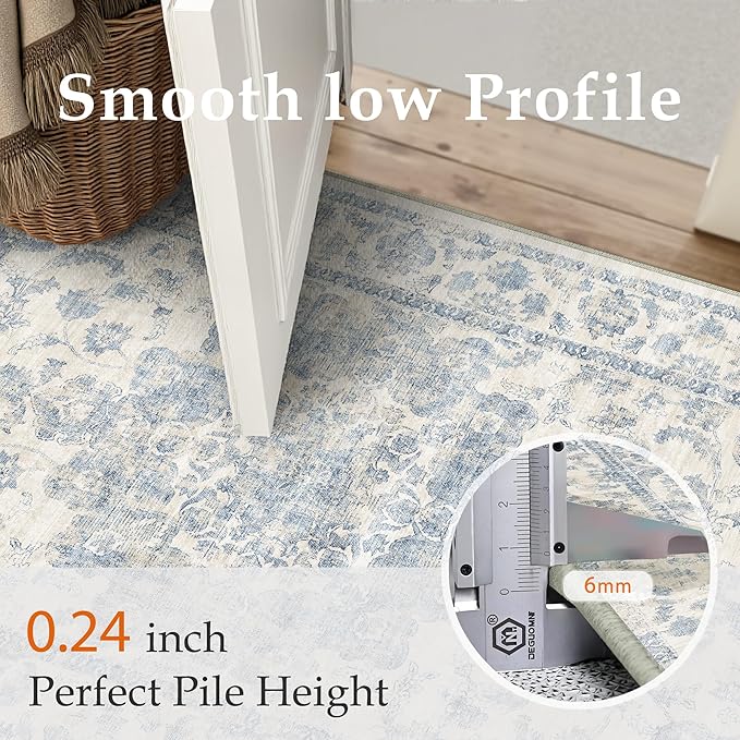 12x15 Neutral Area Rug Blue Vintage Living Room Bedroom Washable Carpet Non-Slip Soft Low Pile Floral Indoor Extra Large Throw Rug for Dining Room Office