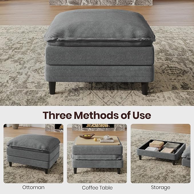 108" L Shaped Modular Sectional Cloud Couch with Ottoman, Snap-on Easy Installation 3 Seater Deep Seat Sofa with Storage Bag and Coffee Table for Living Room, Corduroy, Gray