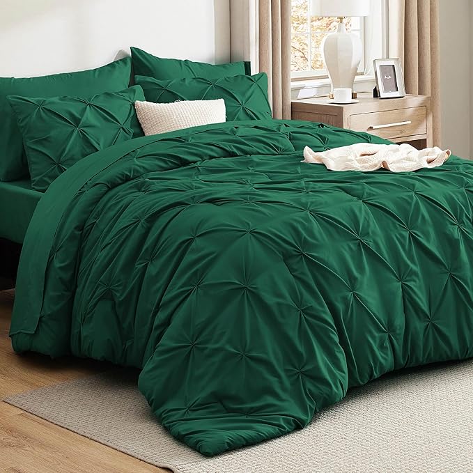 Bedsure Full Comforter Set Dark Green - Bed in a Bag Full Size Bedding Set 7 Pieces, GentleSoft™ Pintuck Bed Set Gift for Family, Pinch Pleat All Season Comforter with Sheets, Pillowcases & Shams