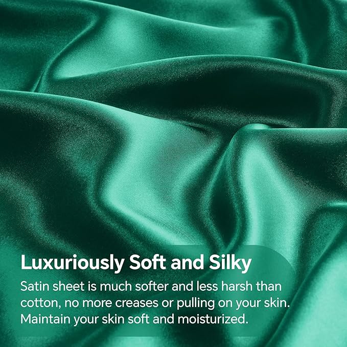 BEDELITE Satin Sheets Full Size Bed Set, Luxury Soft Dark Green Silky Sheets for Hair and Skin, Similar to Silk Bed Sheets Set 4 Pieces with 1 Deep Pocket Fitted Sheet, 1 Flat Sheet, and 2 Pillowcases