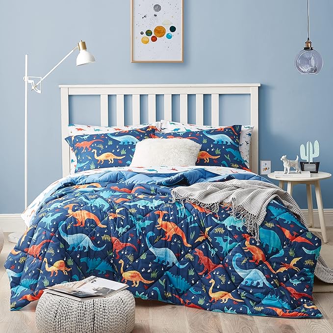 Dinosaur Kids Bedding Set for Boys, 5 Pieces Twin Size Comforter Set with Sheets, Super Soft Lightweight Bed in a Bag, Durable Children Bed Set