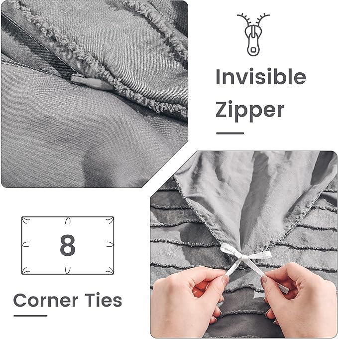 NEXHOME PRO Duvet Cover Queen Size, Grey 3 Pieces Boho Tufted Duvet Cover Set, Soft and Lightweight Microfiber Comforter Cover Set for All Season (Grey Queen, 90 x 90)-No Comforter