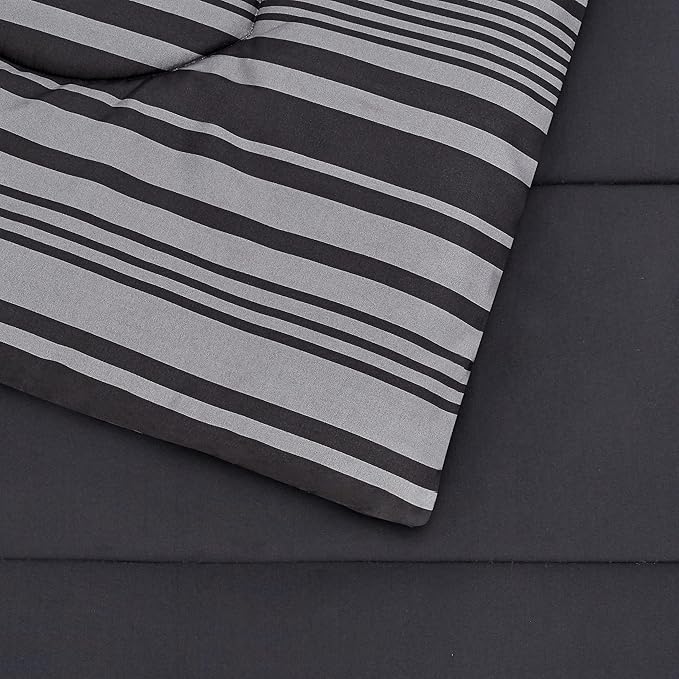 Amazon Basics Full/Queen Comforter Set with Sheets, 7-Piece Gray Calvin Stripe Bedding, Lightweight Microfiber Bed-in-a-Bag, Striped