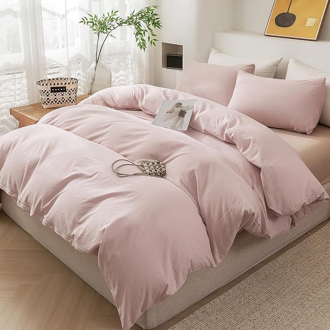 ECOCOTT Duvet Cover King Size - 100% Washed Cotton Durable Soft Comfy Duvet Cover Set, 3 Pieces Duvet Cover with Zipper Closure, No Comforter (Greyish Pink)