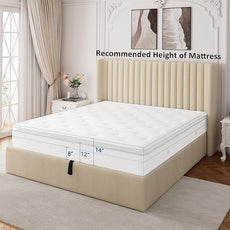 Full Size Lift Up Storage Bed, Upholstered Platform Bed Frame with Wingback Headboard, Hydraulic System, Solid Wooden Slats Support, Noise-Free, No Box Spring Needed, Easy Assembly, Beige