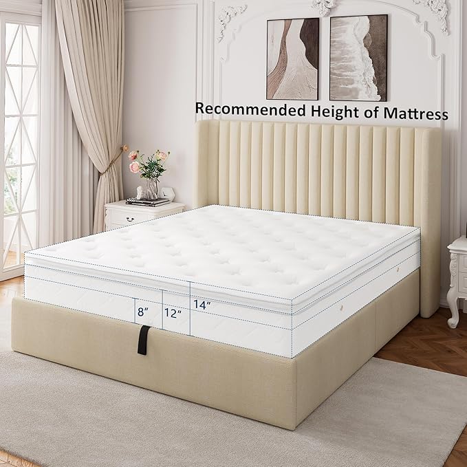 Queen Size Lift Up Storage Bed, Upholstered Platform Bed Frame with Wingback Headboard, Hydraulic System, Solid Wooden Slats Support, Noise-Free, No Box Spring Needed, Easy Assembly, Beige
