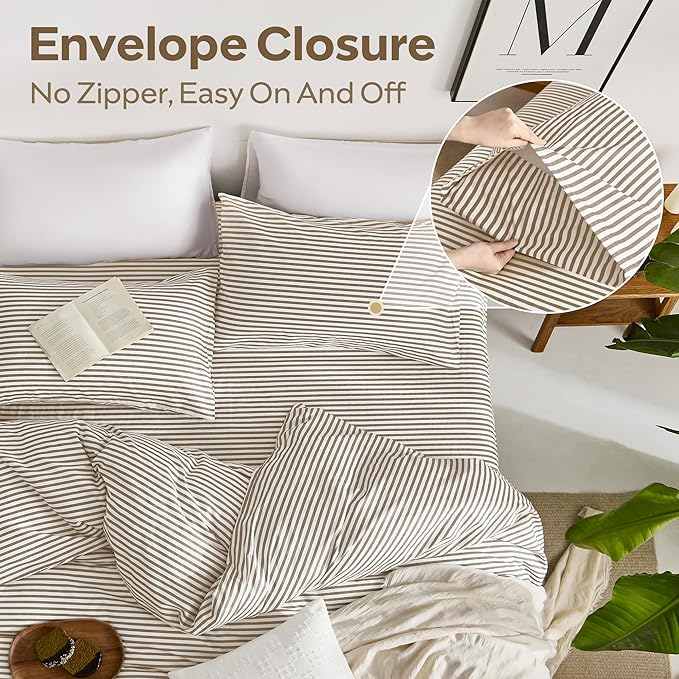 JELLYMONI 100% Natural Cotton Striped Duvet Cover Sets,White Duvet Cover with Khaki Stripes Pattern Printed Comforter Cover,with Zipper Closure & Corner Ties(Twin XL 66×92 Inch)