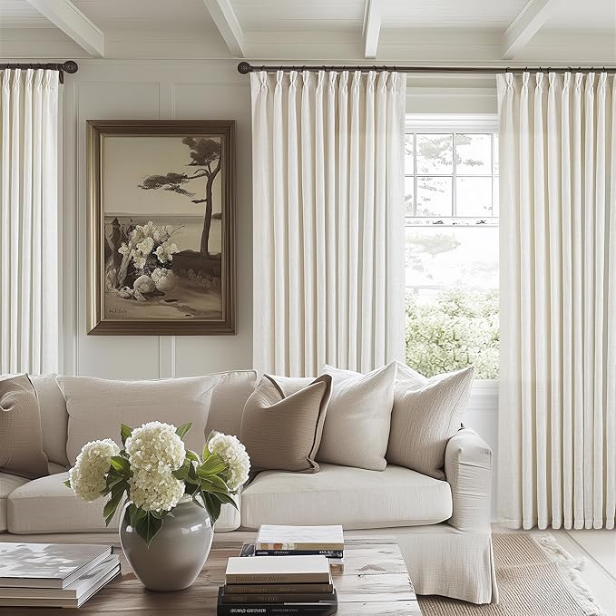 Extra Wide Pinch Pleat Linen Curtains 120 Inches Long for Living Room Sliding Glass Door 70 Inch Wide Sheer Curtain Cream Ivory Boho Pleated Drape with Hooks Rings 70x120 Large Window Curtain 1 Panel