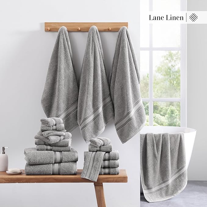 LANE LINEN 18 Pack Towels for Bathroom – 100% Mercerized Cotton, Zero Twist, 6 Bath, 6 Hand Towel & 6 Wash Cloths,Gentle on Body, Highly Absorbent, Remains Soft After Wash, Hotel & Spa Quality – Grey