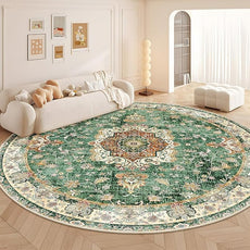 Large Green Round Rug 9ft, Boho Circle Area Rugs for Bedroom Living Room,Washable Vintage Bohemian Distressed Oriental Floral Carpet Non Slip,Retro Sage Floral