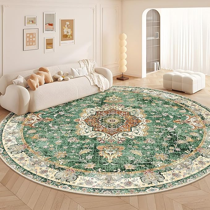 Large Green Round Rug 9ft, Boho Circle Area Rugs for Bedroom Living Room,Washable Vintage Bohemian Distressed Oriental Floral Carpet Non Slip,Retro Sage Floral