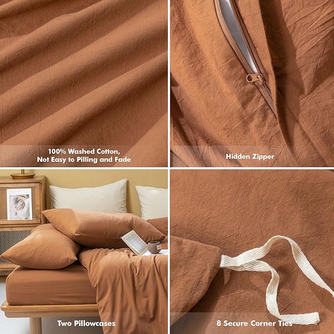 FOSSA Duvet Cover Set 100% Washed Cotton Linen Feel Super Soft Breathable Cozy Simple Style 3 Pieces Bedding Sets Solid Dark Orange Full/Double