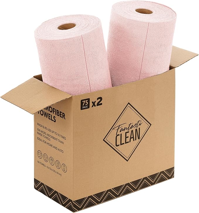 Fantasticlean Microfiber Cleaning Cloth Roll -150 Pack, Tear Away Microfiber Towels, 12" x 12", Reusable, Washable, Ultra Absorbent Dishcloth for All-Around Cleaning Supplies (2 Rolls of Pink)