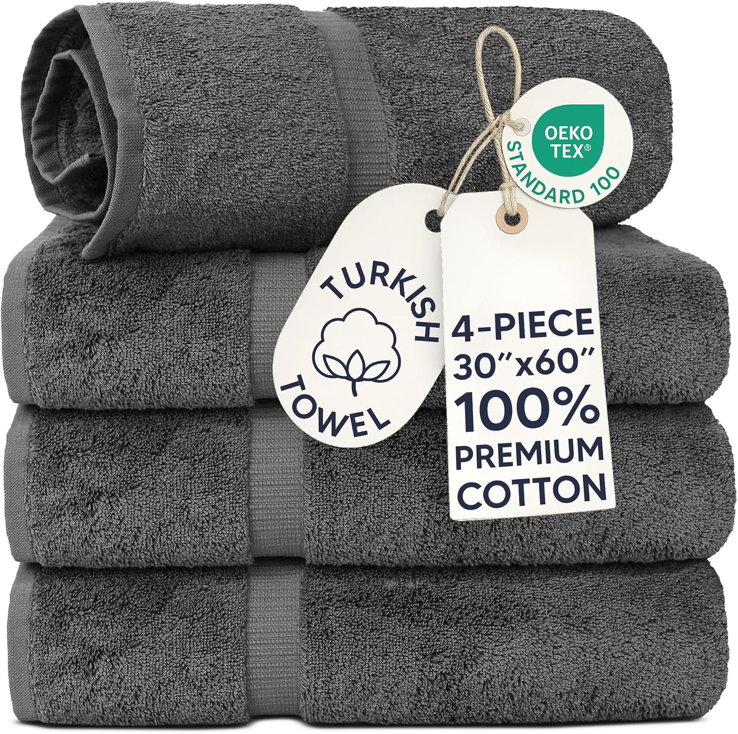 Chakir Turkish Linens 4 Piece Bath Towel Set, 100% Cotton Luxury Turkish Towels for Bathroom, Soft Absorbent Bath Towels, 27 x 54 Inches, Gray