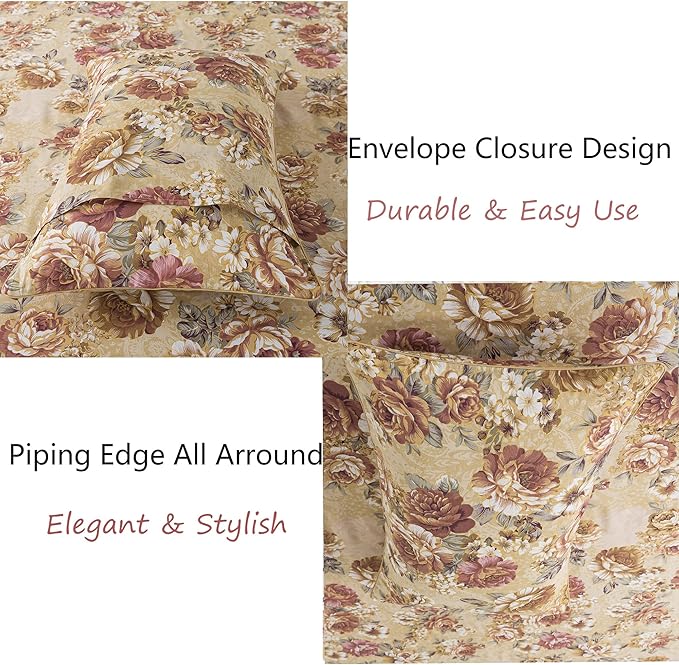FADFAY Sheets Set King Tan Peony Floral Bed Sheet Set Vintage Farmhouse Bedding 100% Cotton Ultra Soft Breathable Bedding with Deep Pocket Fitted Sheet 4Pcs, King Size