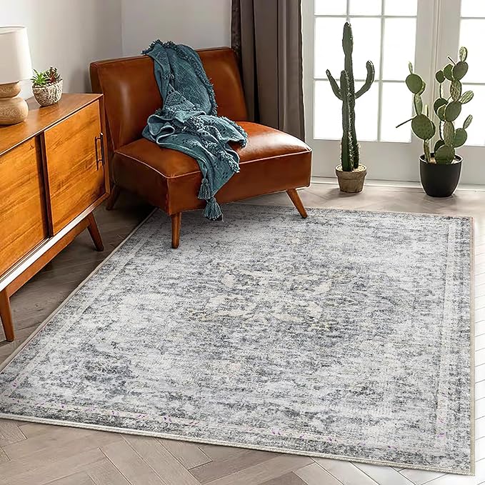 Washable Area Rug 3'x5' Vintage Traditional Floor Cover Foldable Thin Rugs Retro Kitchen Indoor Distressed Non Slip Carpet Floral Print Mat Bedroom Living Room
