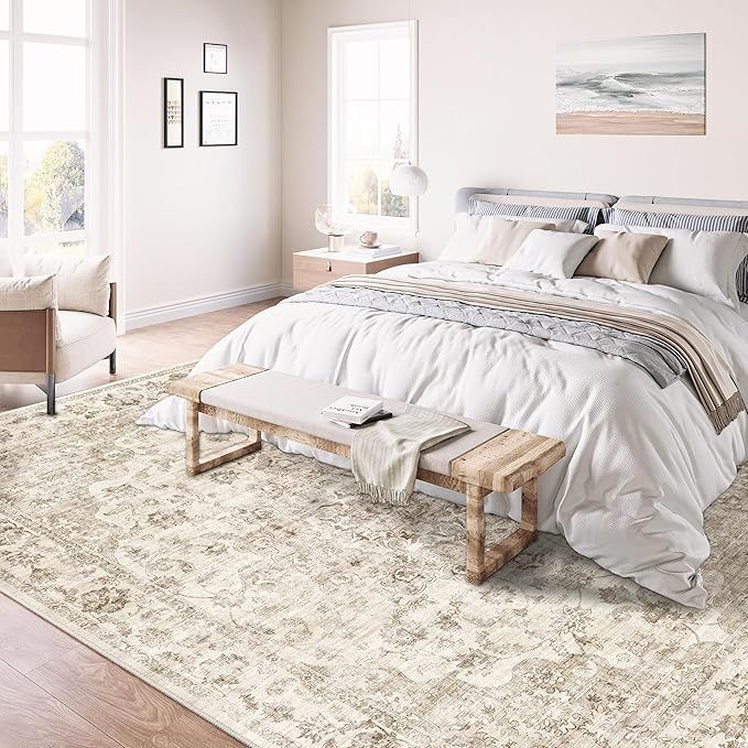 6x9 Washable Neutral Area Rug Beige Vintage Living Room Bedroom Carpet Non-Slip Soft Medium Pile Floral Indoor Throw Rug for Dining Room Entryway Office