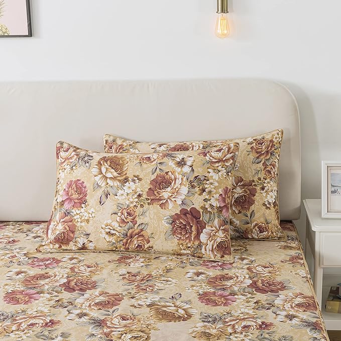 FADFAY Sheets Set King Tan Peony Floral Bed Sheet Set Vintage Farmhouse Bedding 100% Cotton Ultra Soft Breathable Bedding with Deep Pocket Fitted Sheet 4Pcs, King Size