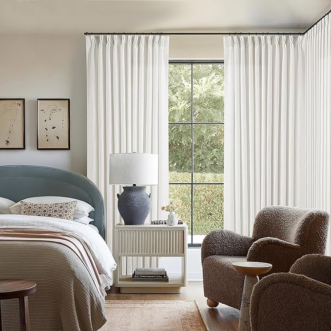 Ivory White Pinch Pleated Extra Wide Linen Curtains 84 Inches Long for Patio Sliding Glass Door 70 Inch Wide Pleated Drapes with Hooks Rings Semi Sheer 70x84 Curtain for Living Room 1 Panel