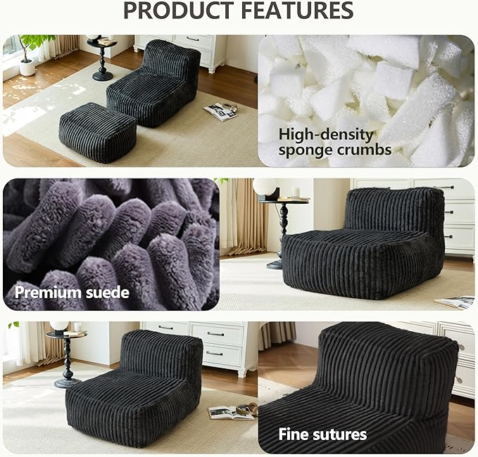 Premium Beige Bean Bag Chair for Adults with Armrest- Ultra Plush Memory Foam Lounge Sofa & Comfy Reading Nook Chair for Bedroom, Living Room & Dorm (White, MoFa)