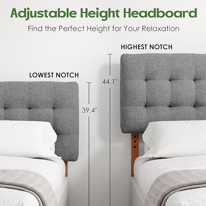 Upholstered Headboard Queen Size, Adjustable Height Queen Headboard Only from 39”to 44”with Durable Solid Wood Legs, Modern Button Diamond Fabric Bed Head Board with Width Adapters, Grey