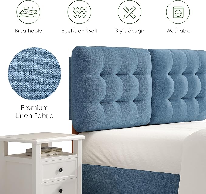 Tufted Upholstered Full Headboard, Adjustable Height Full Size Headboard Only from 39”to 44” with Durable Solid Wood Legs, Modern Button Diamond Fabric Head Board with Width Adapters, Blue