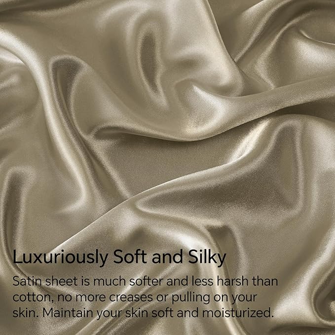 BEDELITE California King Sheets Set, Luxury Soft Taupe Satin Sheets for Hair and Skin, Similar to Silk Bed Sheets Set 4 Pieces with 1 Deep Pocket Fitted Sheet, 1 Flat Sheet, and 2 Pillowcases