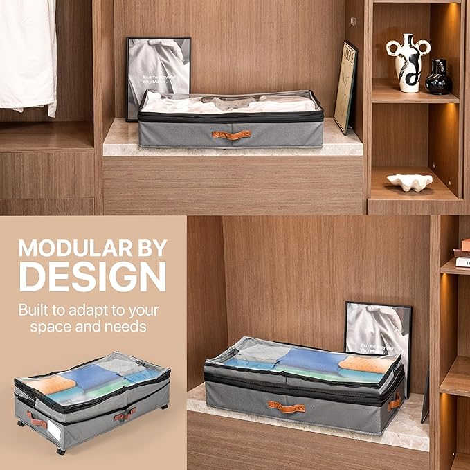 Expandable Under Bed Storage with Wheels 2 Pack – Large Under Bed and Closet Storage - Expandable Storage Bins with Lid & Dividers, Low Profile Storage Solution for Clothes, Shoes Great for Dorm Rooms