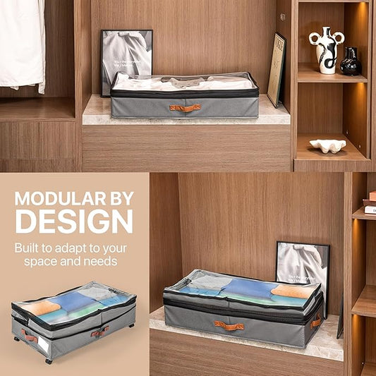 Expandable Under Bed Storage with Wheels 2 Pack – Large Under Bed and Closet Storage - Expandable Storage Bins with Lid & Dividers, Low Profile Storage Solution for Clothes, Shoes Great for Dorm Rooms