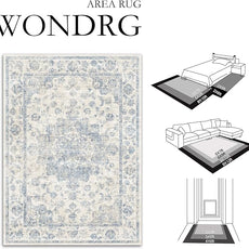 4x6 Washable Neutral Area Rug Blue Vintage Entryway Office Carpet Non-Slip Soft Low Pile Floral Indoor Throw Rug for Living Room Bathroom Dining Room