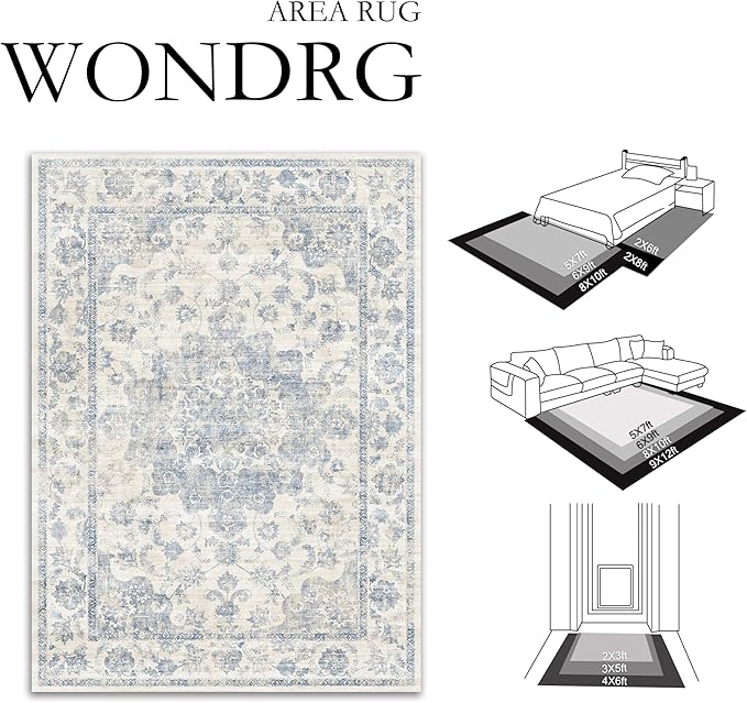 2x6 Washable Neutral Runner Rug Blue Vintage Hallway Kitchen Carpet Non-Slip Soft Low Pile Floral Throw Rug for Bedroom Bathroom Laundry Living Room