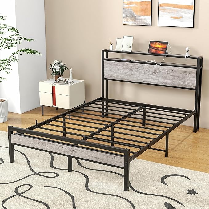 HOJINLINERO Full Size Bed Frame with Storage Headboard/USB Charging Station,Metal Platform Bed Frame Full Size No Box Spring Needed,Noise-Free,Strong Steel Slats Support,Warm Grey